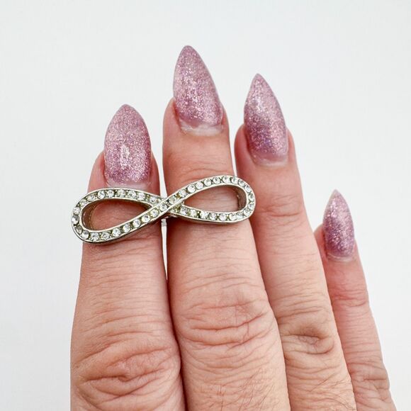 Vintage Two Finger Infinity Rhinestone Ring Statement Bling Unique Edgy Glamour - Picture 6 of 10
